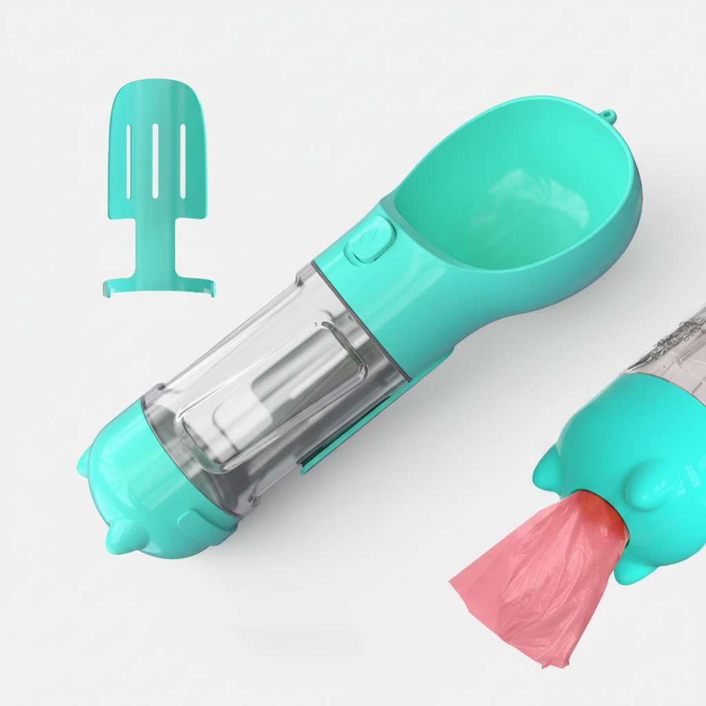 Teal and clear plastic tool with pink silicone component on a white background