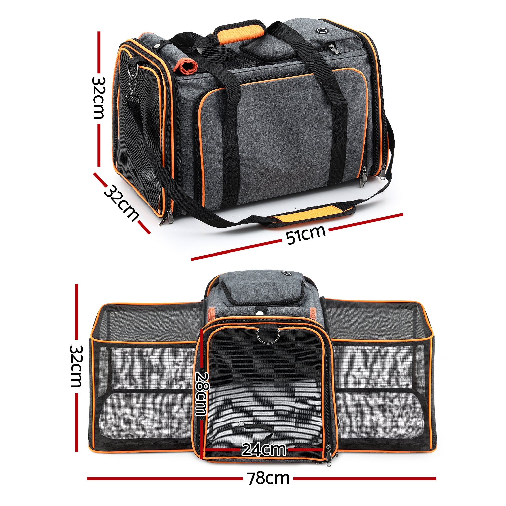 Gray pet carrier with orange accents and measurements on a white background