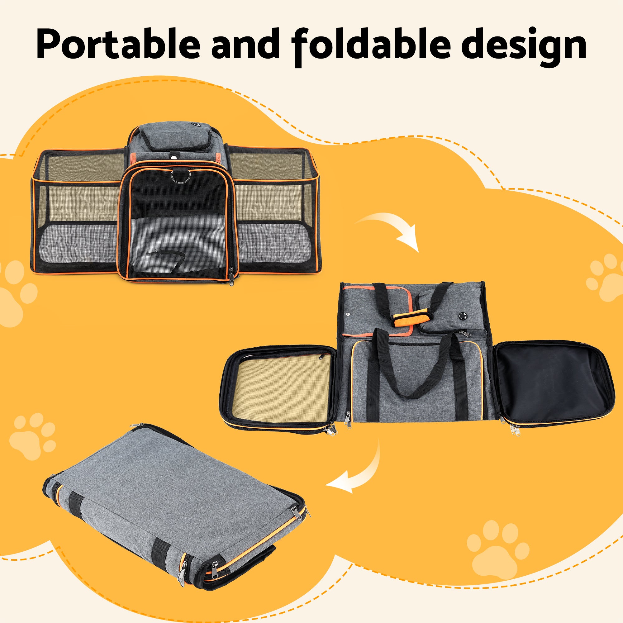 Portable and foldable design of a gray pet carrier with orange accents on a yellow background.