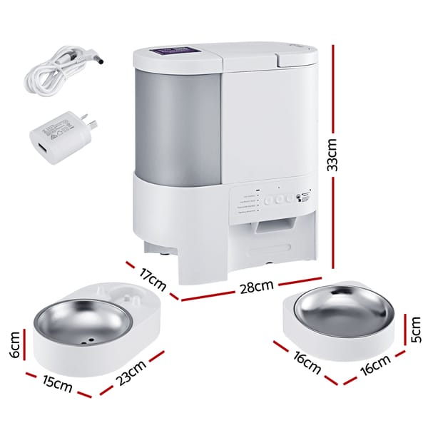 Pet water and food dispenser with dimensions and accessories on a white background