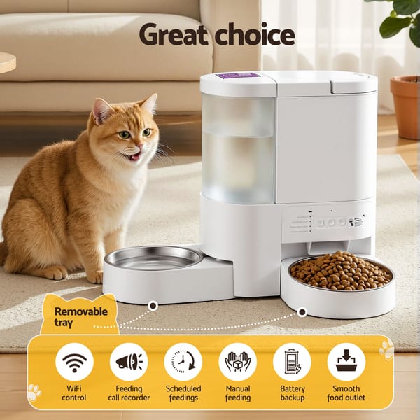 Cat sitting next to an automatic pet feeder with features highlighted on a yellow banner.