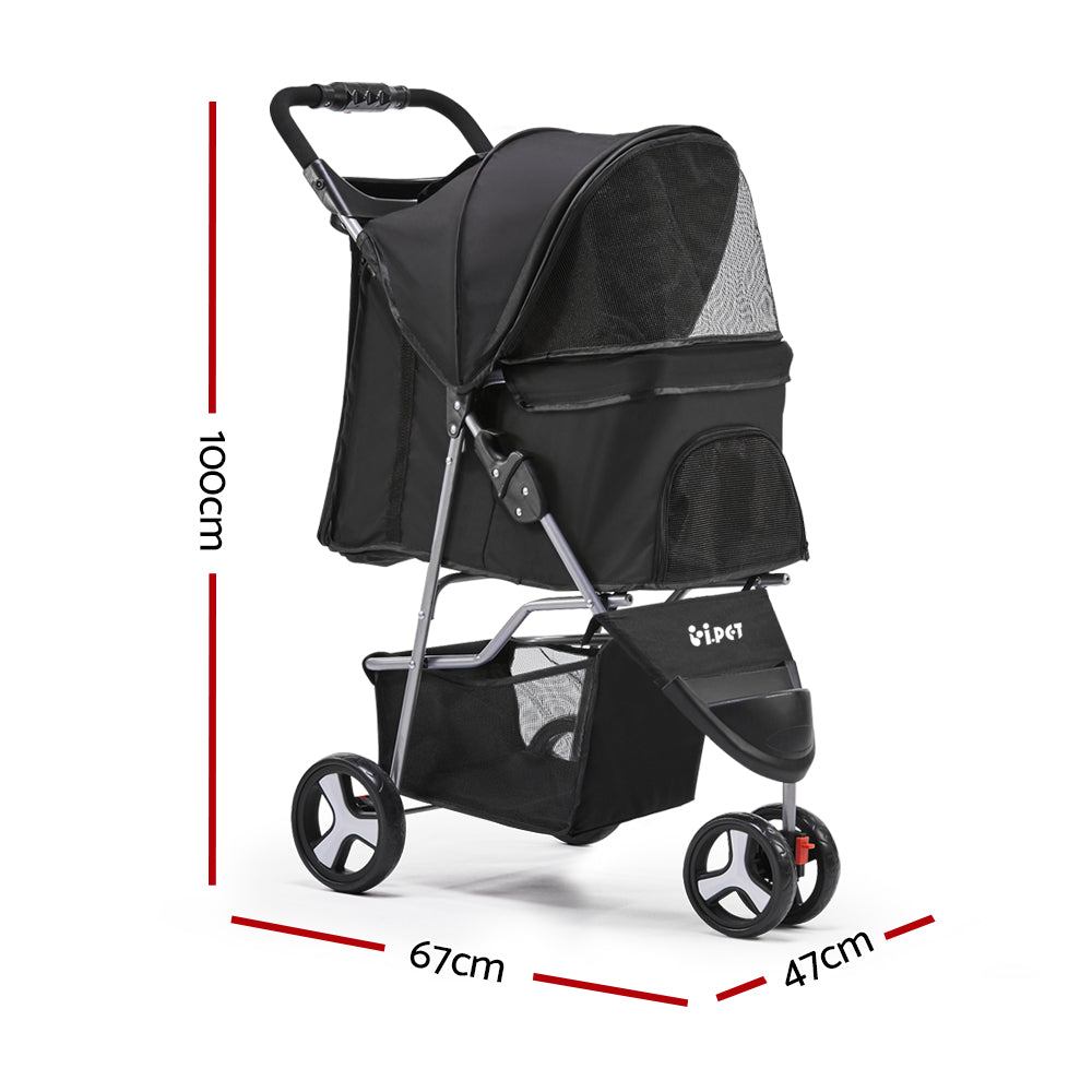 Black pet stroller with dimensions indicated on a white background