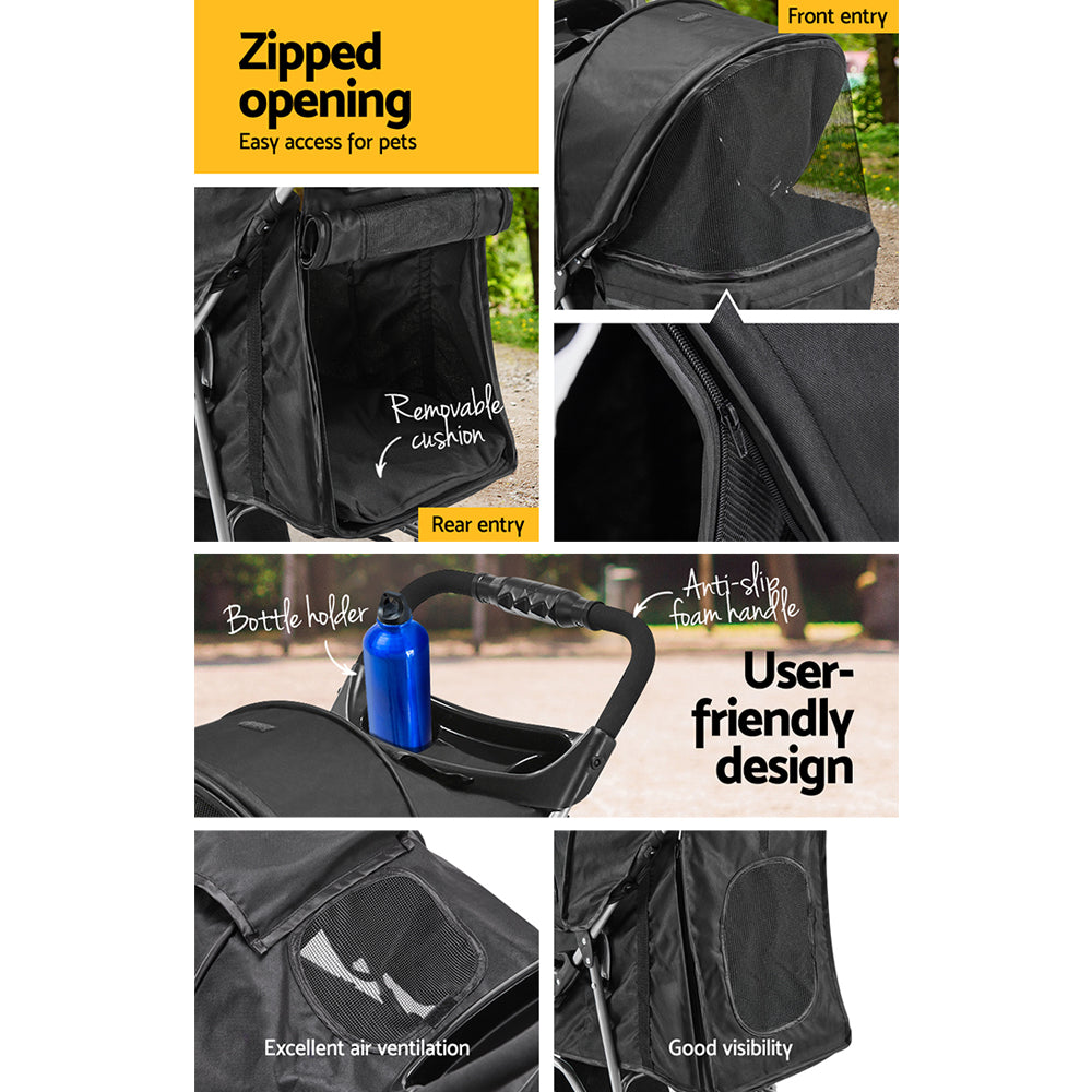 Black pet carrier with features highlighted on a white background
