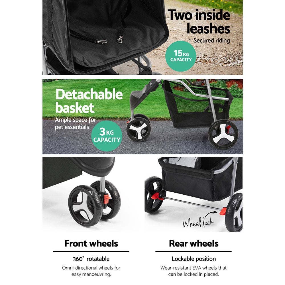Stroller features with text on a white background