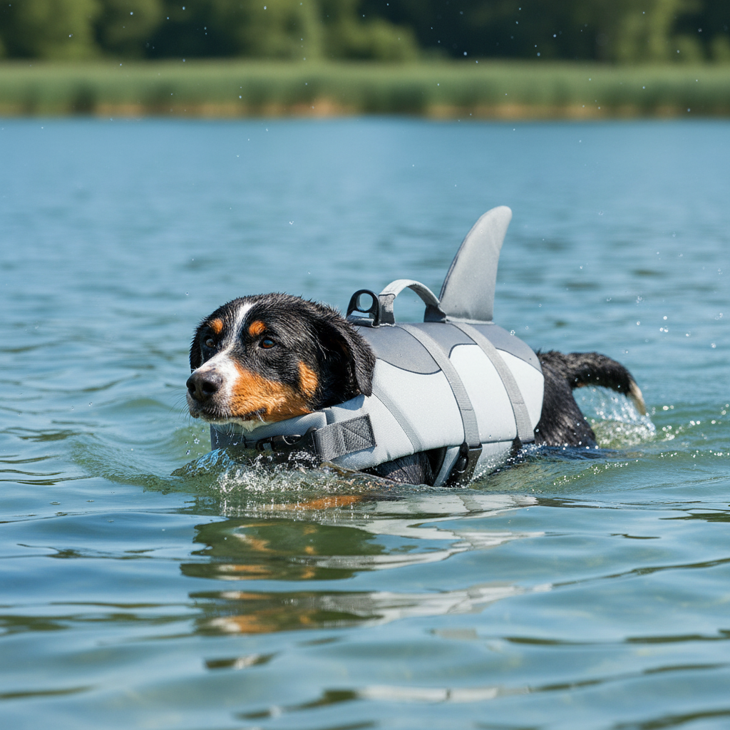 Dog wearing a shark-shaped life jacket in a body of water with a natural background