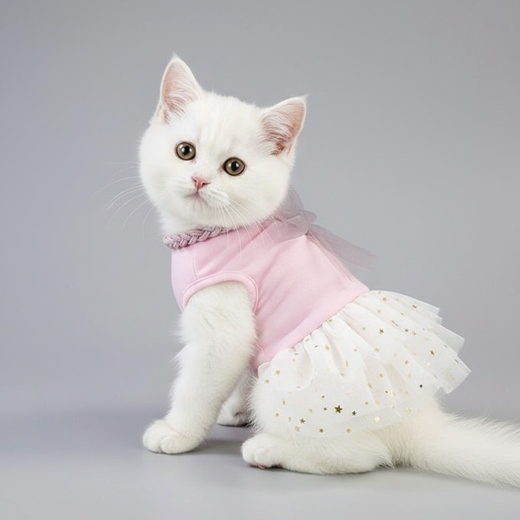 White cat wearing a pink top and white skirt with gold stars on a gray background