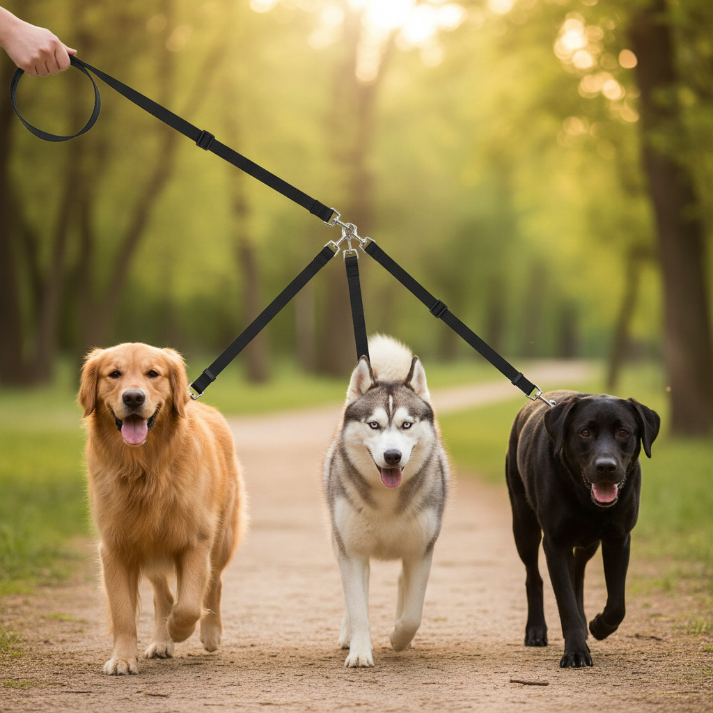 Three dogs on a leash walking together in a park.