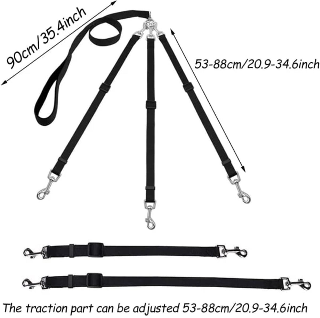Black dog leash and harness set with adjustable measurement details on a white background