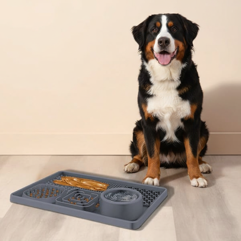 Dog sitting next to a large gray pet mat with food and water bowls on a beige floor.