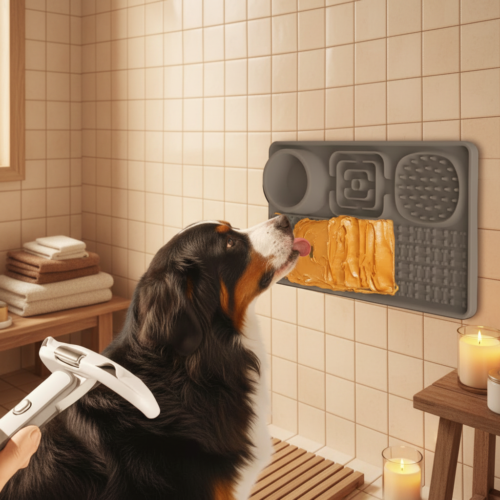 Dog licking a textured mat on a tiled wall with a grooming tool nearby.