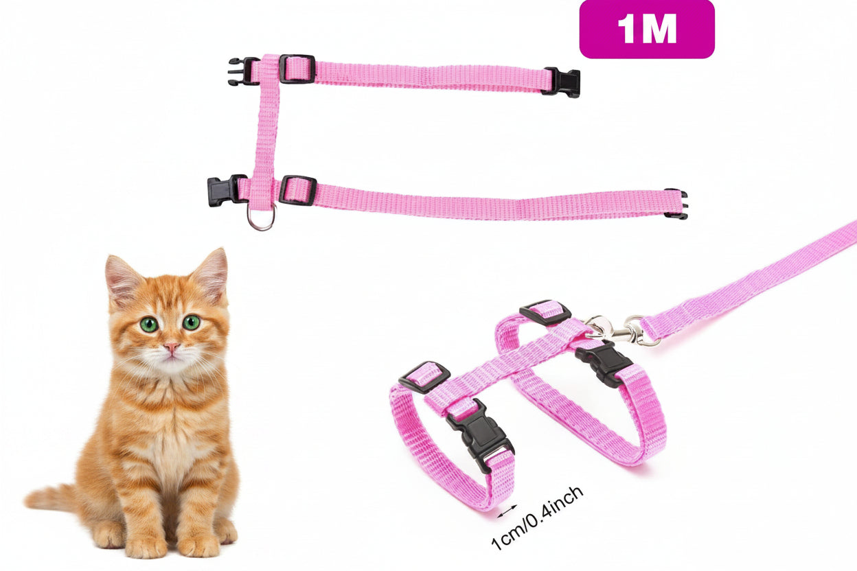 Pink pet harnesses with a rabbit for scale on a white background