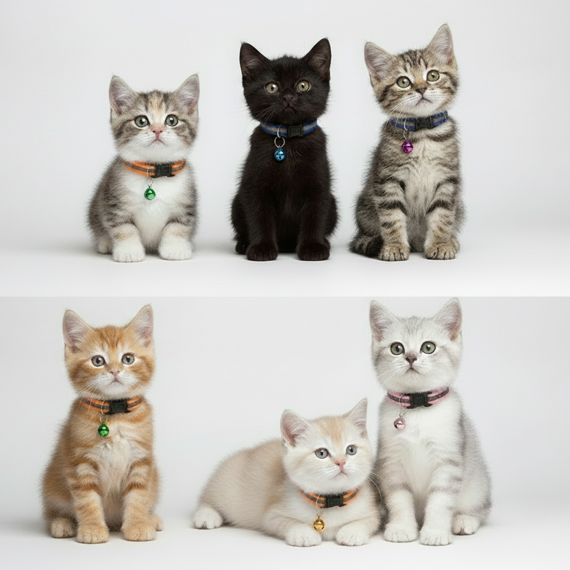 Six kittens of different breeds and colors sitting together on a white background