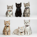 Six kittens of different breeds and colors sitting together on a white background