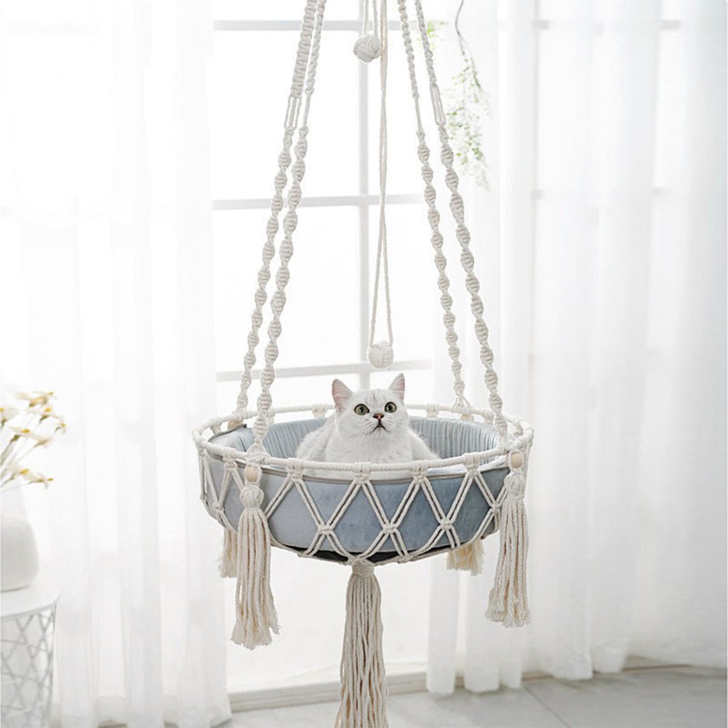 Macrame Cat Hammock, Handwoven Cats Bed, Hanging Indoor Boho Kitten Swing Beds, Hanging Cats Bed, Kitty Hanging Basket, for Playing Sleeping Climbing and Lounging White