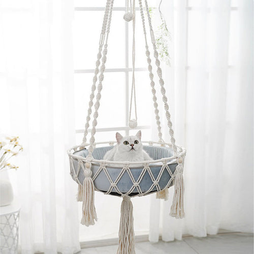 Macrame Cat Hammock, Handwoven Cats Bed, Hanging Indoor Boho Kitten Swing Beds, Hanging Cats Bed, Kitty Hanging Basket, for Playing Sleeping Climbing and Lounging White