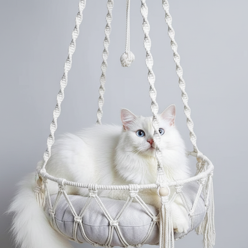 White cat lounging in a macrame hammock against a plain background