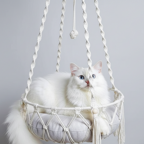 White cat lounging in a macrame hammock against a plain background