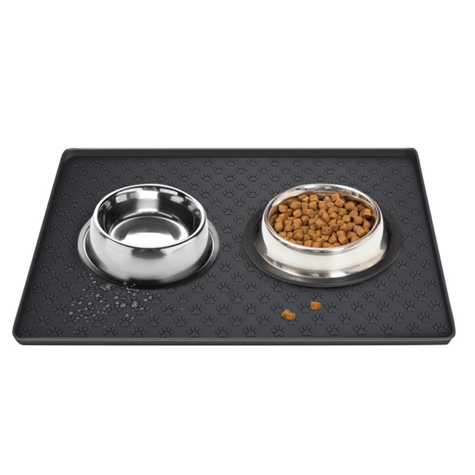 Pet feeding station with two bowls on a black mat