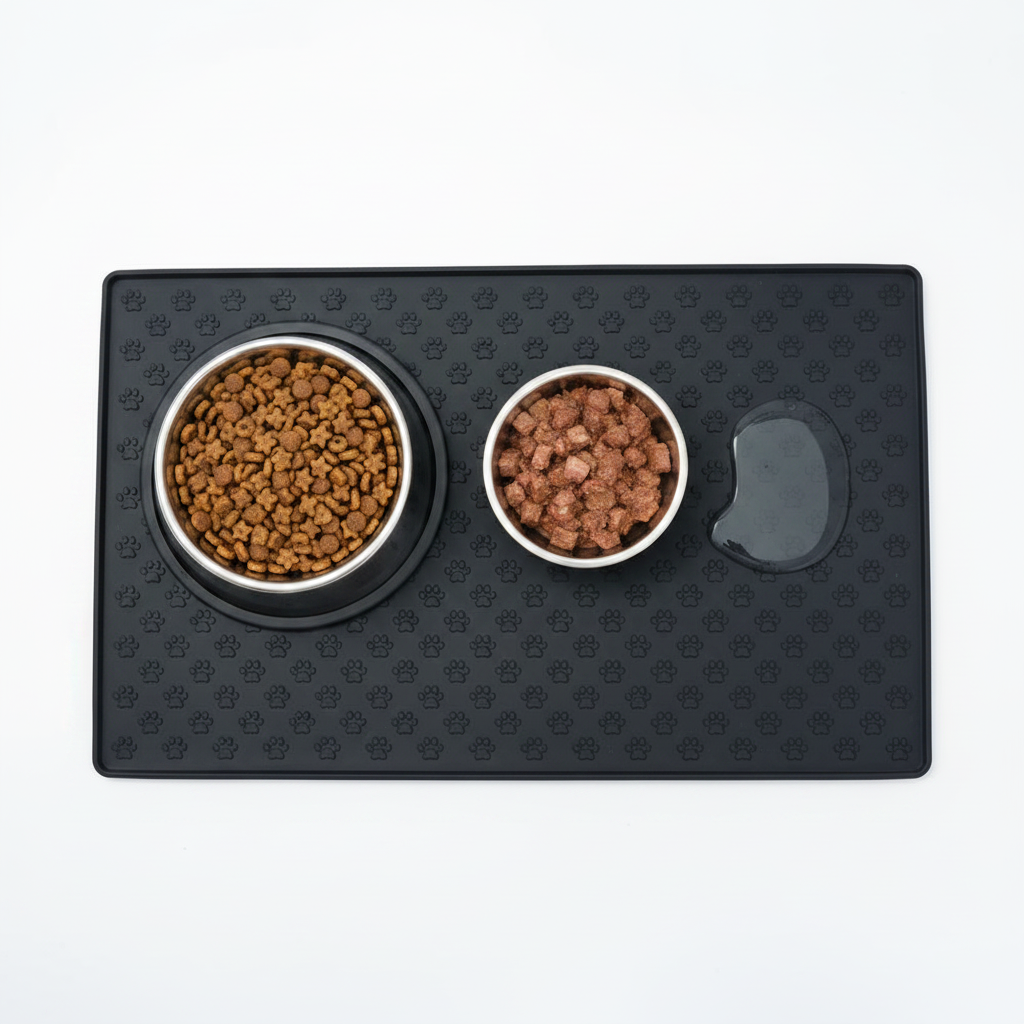 Black pet mat with two bowls of pet food on a white background