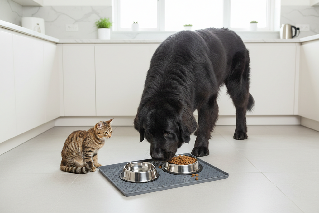 Dog and cat eating from bowls on a mat in a kitchen