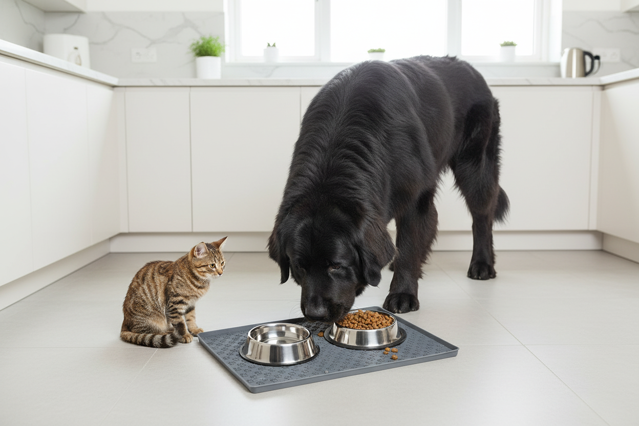 Dog and cat eating from bowls on a mat in a kitchen