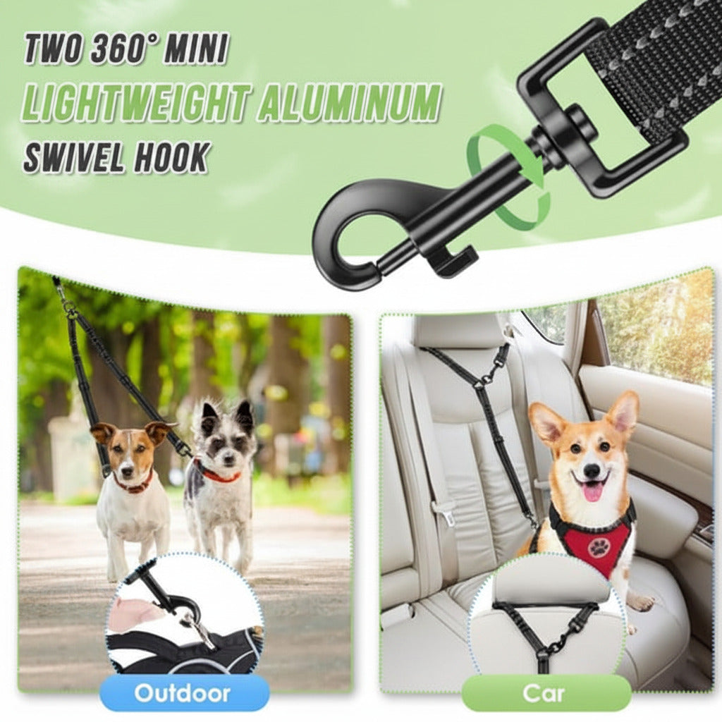 Pet leash and harness system with 360-degree swivel hook, used outdoors and in a car.