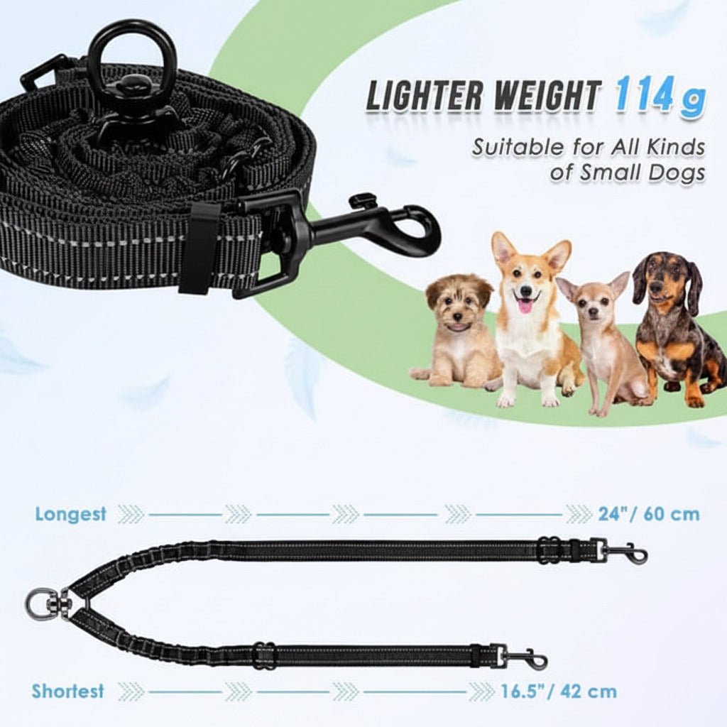 Black dog leash with measurement details on a white background