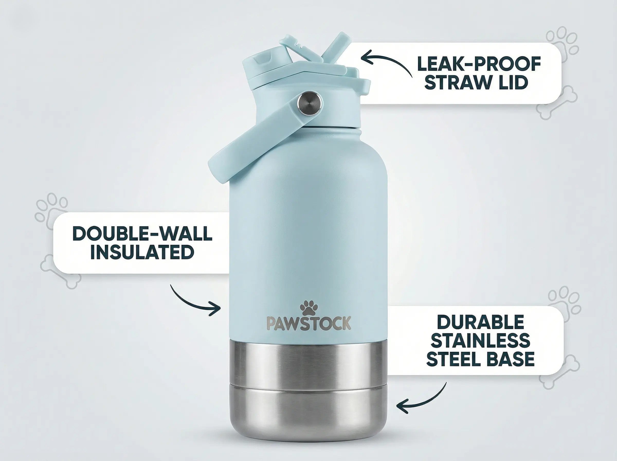 Light blue water bottle with features highlighted on a light gray background