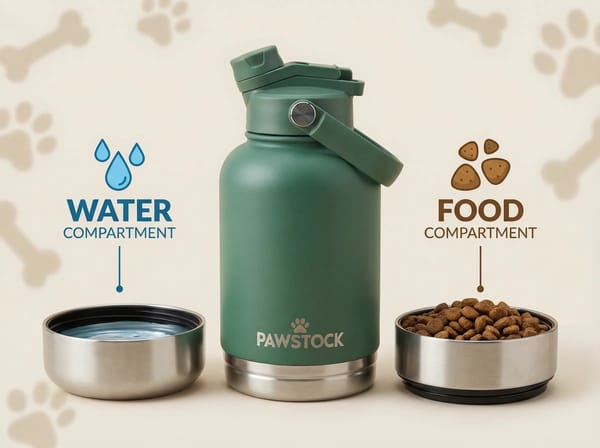 Green dual-compartment container with water and food compartments, labeled 'Pawstock'.