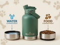 Green dual-compartment container with water and food compartments, labeled 'Pawstock'.