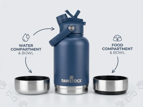 Blue thermos with food and water compartments labeled, on a light gray background.