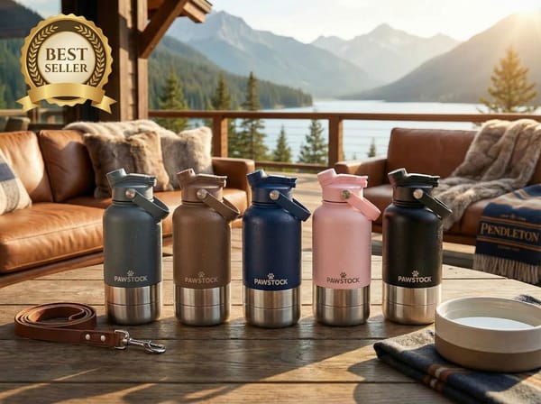 Set of Pawstock water bottles on a wooden table with a scenic background