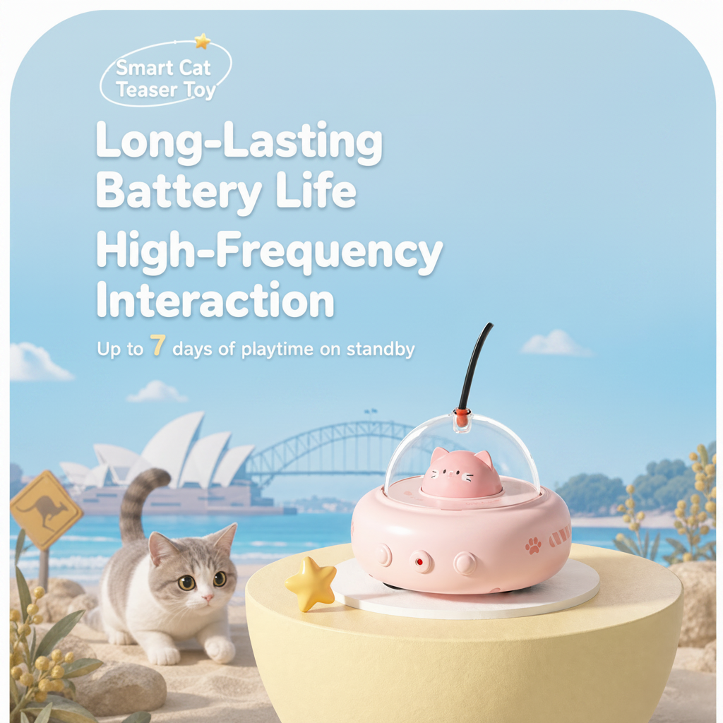 Cat toy with 'Smart Cat Teaser Toy' branding on a scenic background with a cat and moon-like objects.