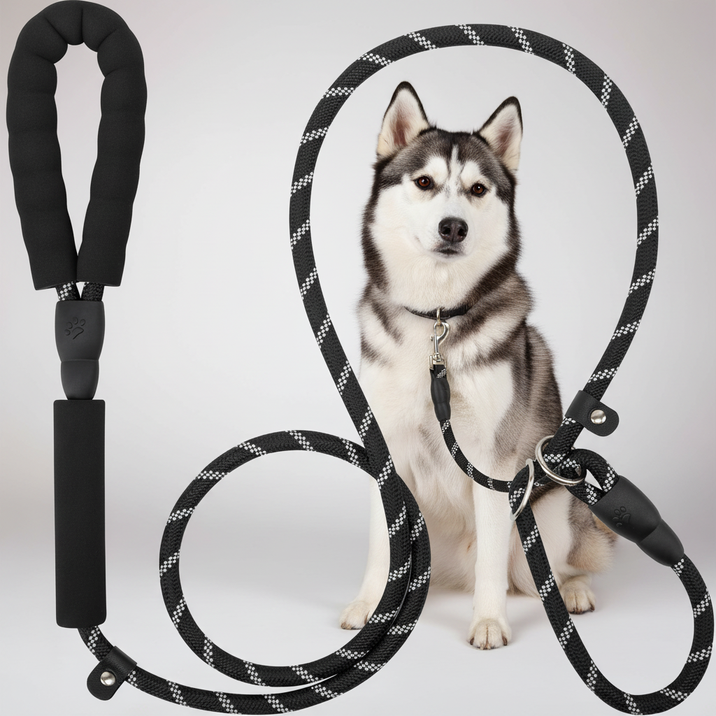 Dog with a black and white leash on a light gray background