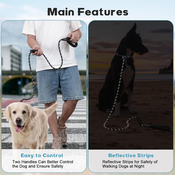 Dog leash with reflective strips being used by a person and a dog in different settings.