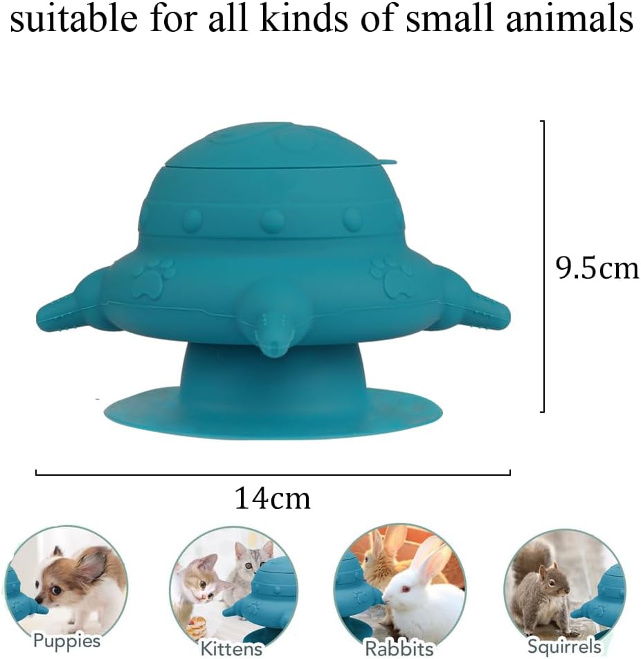 Teal UFO-shaped pet toy with measurements and animal compatibility icons on a white background