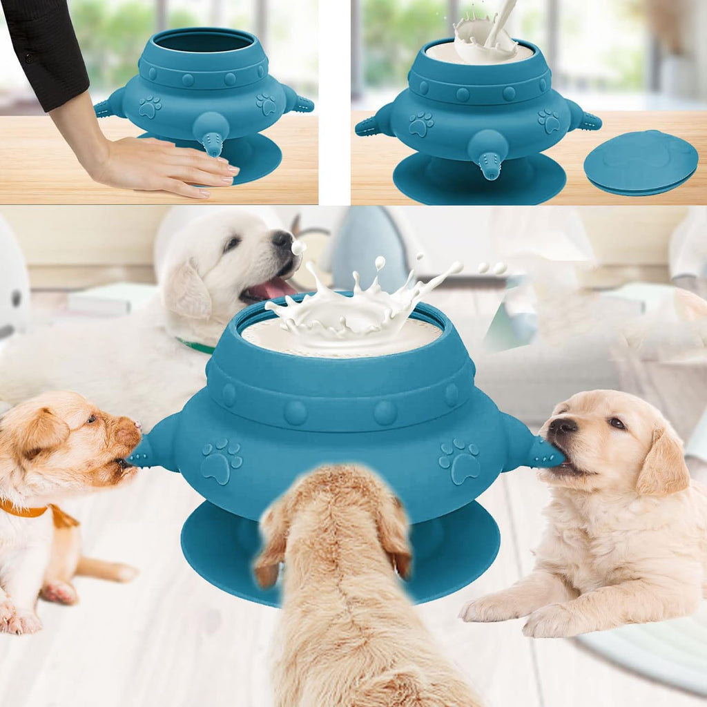 Blue pet water dispenser with puppies drinking from it