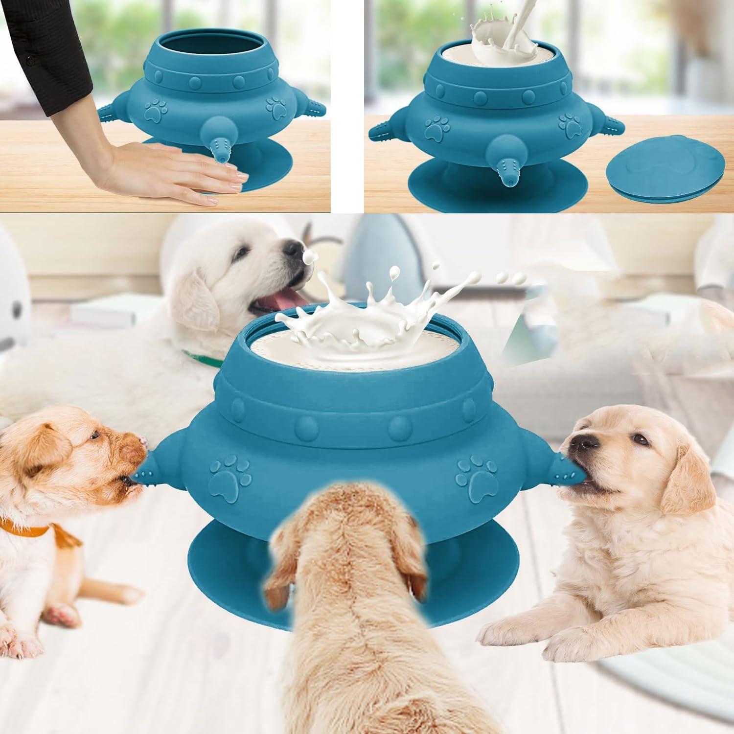 Blue pet water dispenser with puppies drinking from it