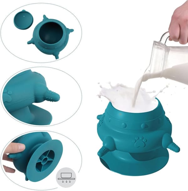 Teal silicone milk bottle with detachable parts and a hand pouring milk.