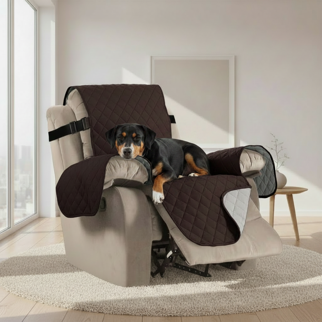Dog lying on a recliner chair with a brown cover in a bright room.