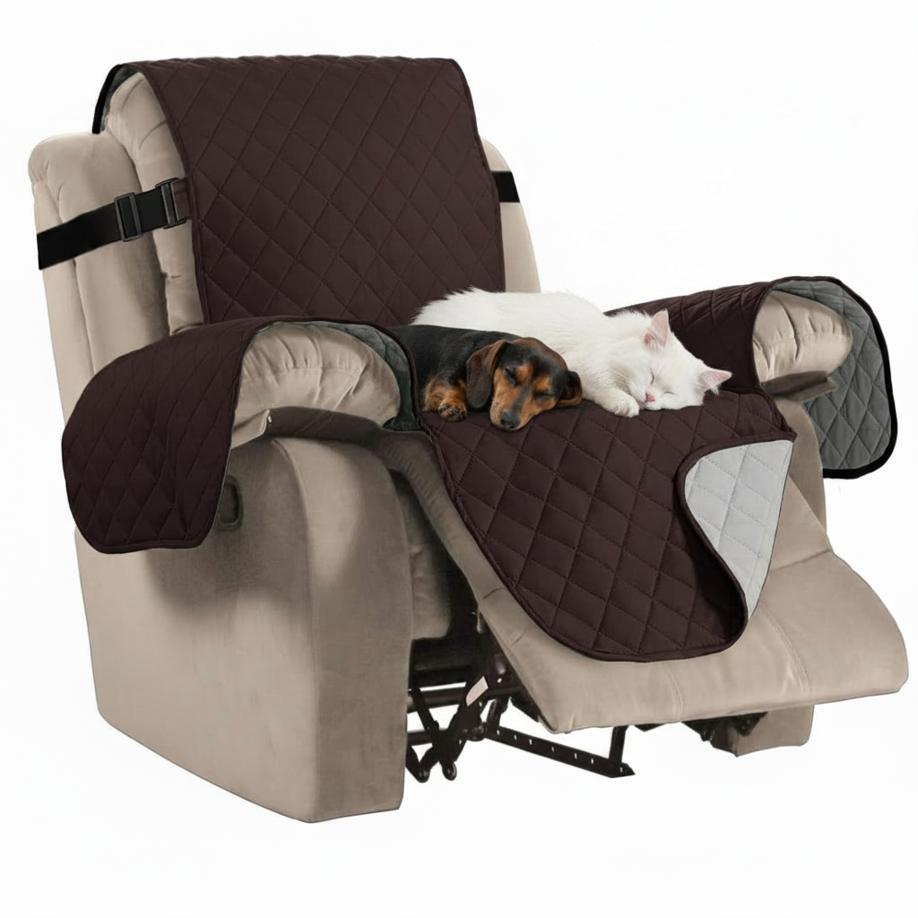 Beige recliner chair with brown pet seat covers and two dogs inside.