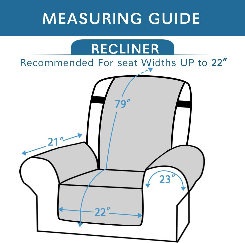Diagram of a recliner with measurements for seat width and height, labeled 'Measuring Guide'.