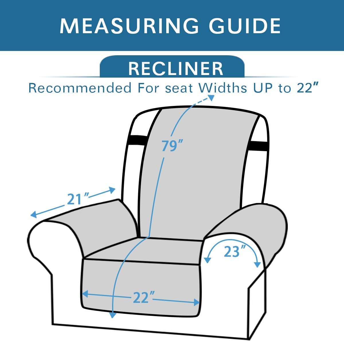Diagram of a recliner with measurements for seat width and height, labeled 'Measuring Guide'.