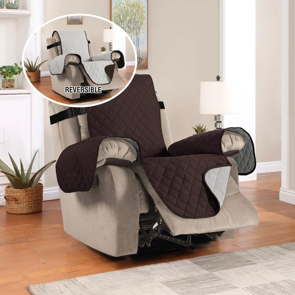 Recliner chair with brown and gray cover in a living room setting