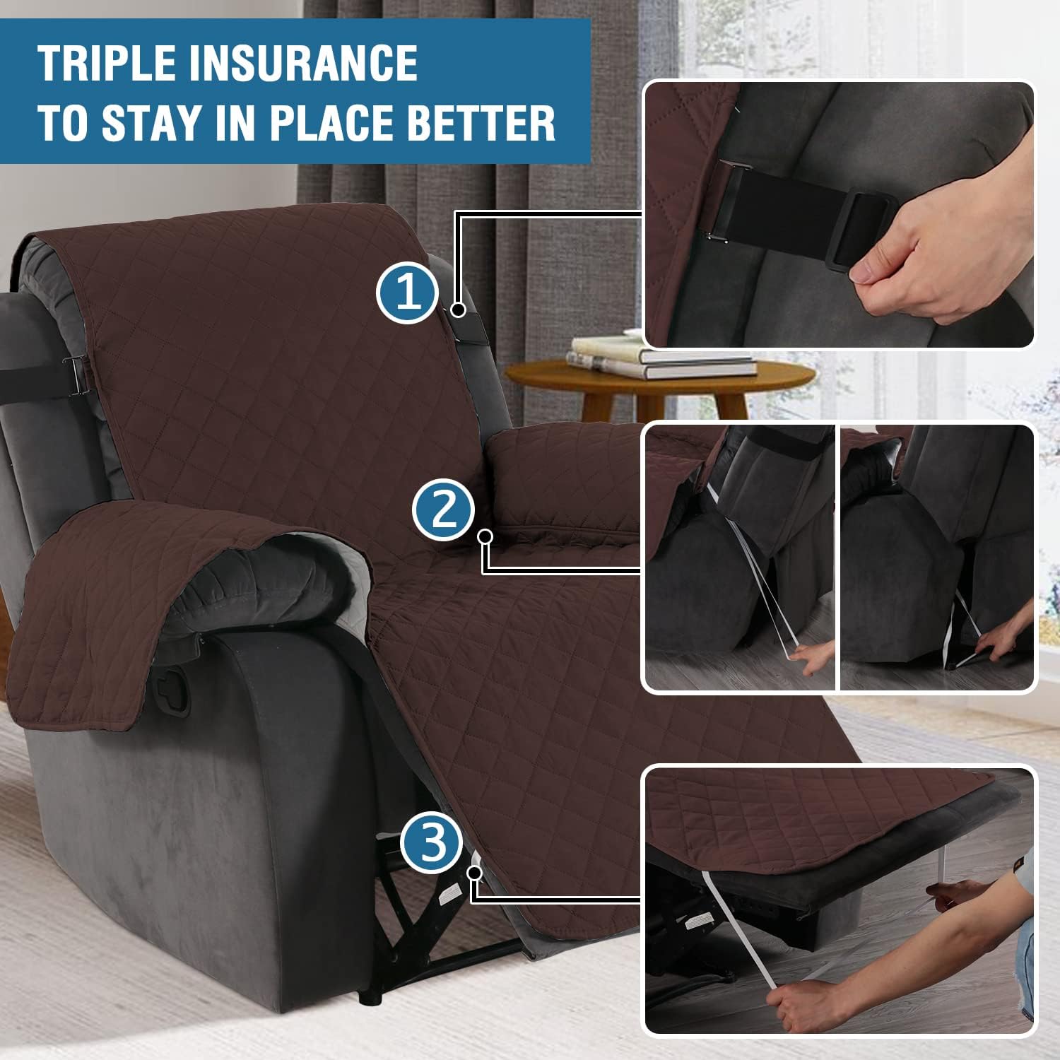 Brown recliner cover with text 'Triple Insurance to Stay in Place Better' and images showing its features.