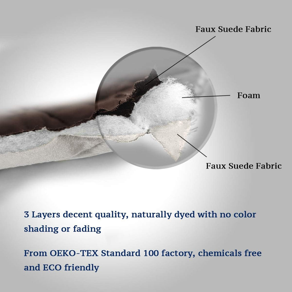 Cross-section of a product showing faux suede fabric and foam layers with text about material quality and eco-friendliness.