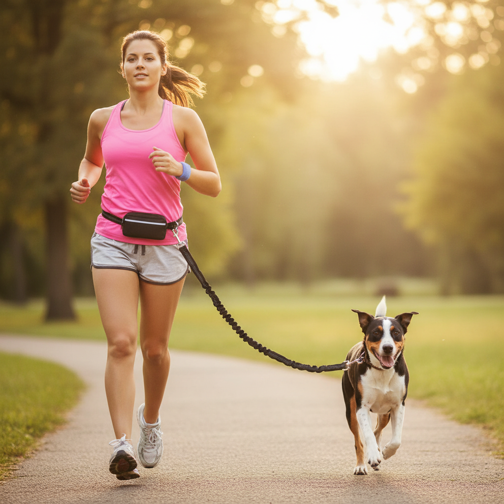 Woman running with a dog on a path in a park