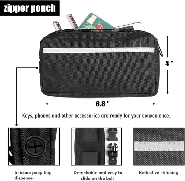 Black zipper pouch with reflective stitching, silicone poop bag dispenser, and detachable belt clip on a white background.
