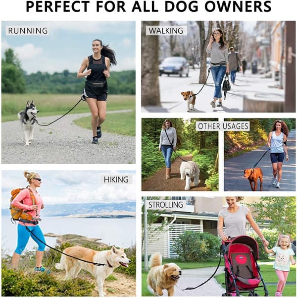 Collage of people using a dog leash for running, walking, hiking, and strolling.