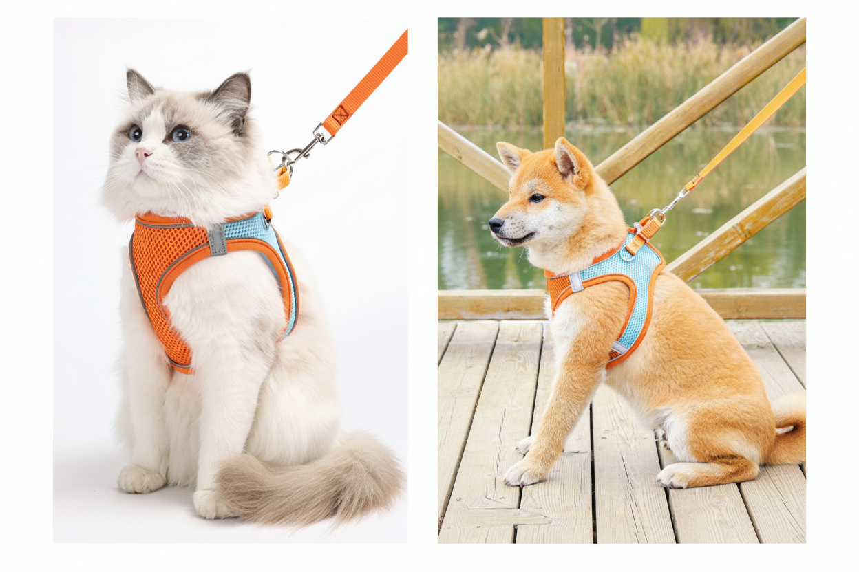 Cat and dog wearing orange harnesses on a gray background